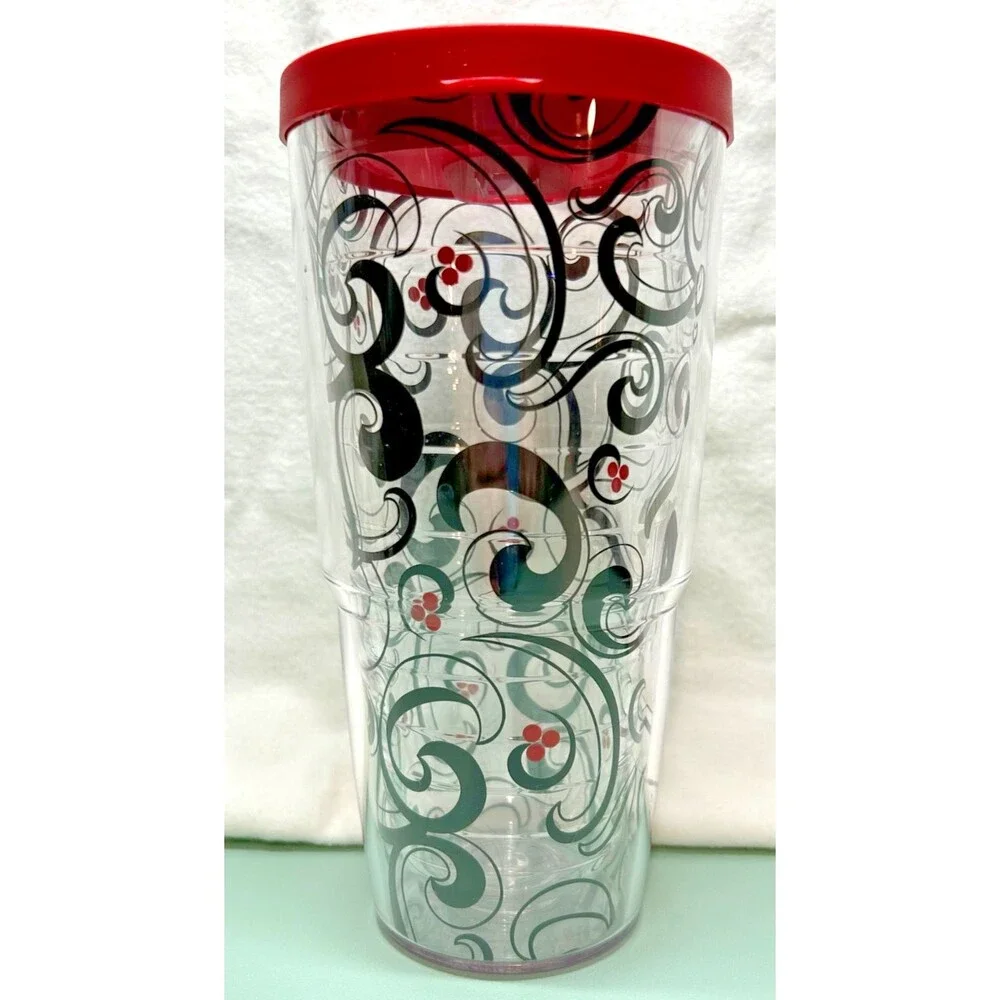 24 oz Tervis Tumbler with Red Lid and Black Swirls With Red Berries